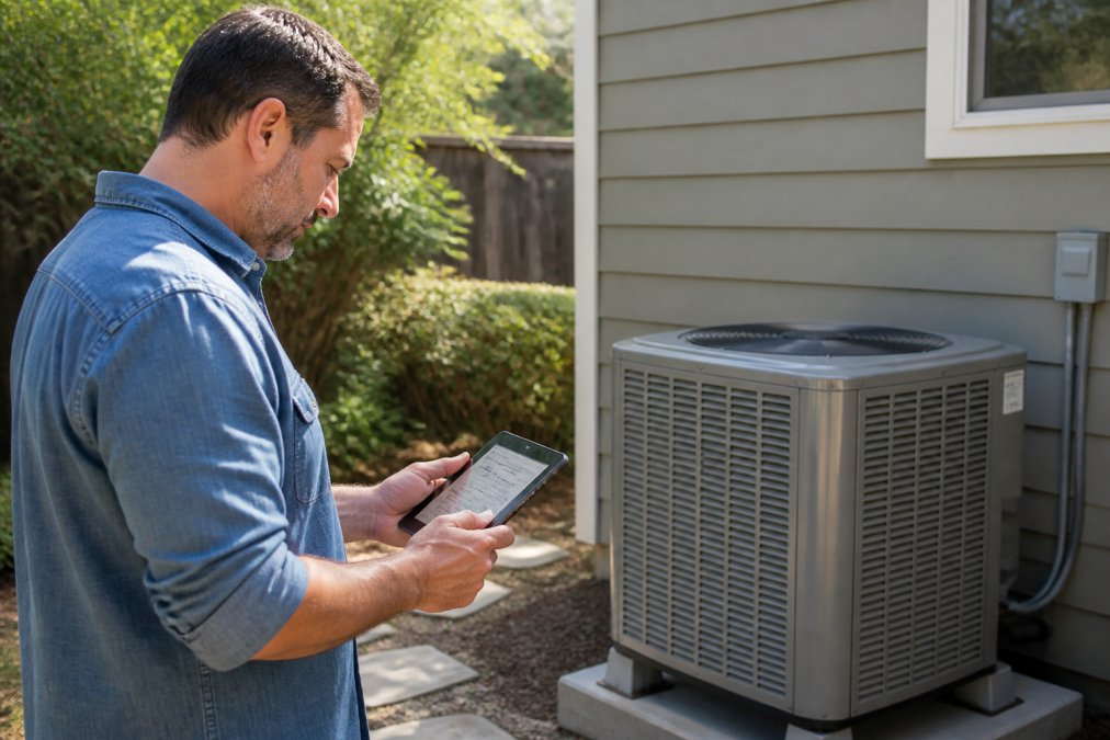 Homeowner reviewing utility bill on tablet while standing in front of a modern HVAC unit mounted on the exterior of a residential home, with natural daylight illuminating the scene