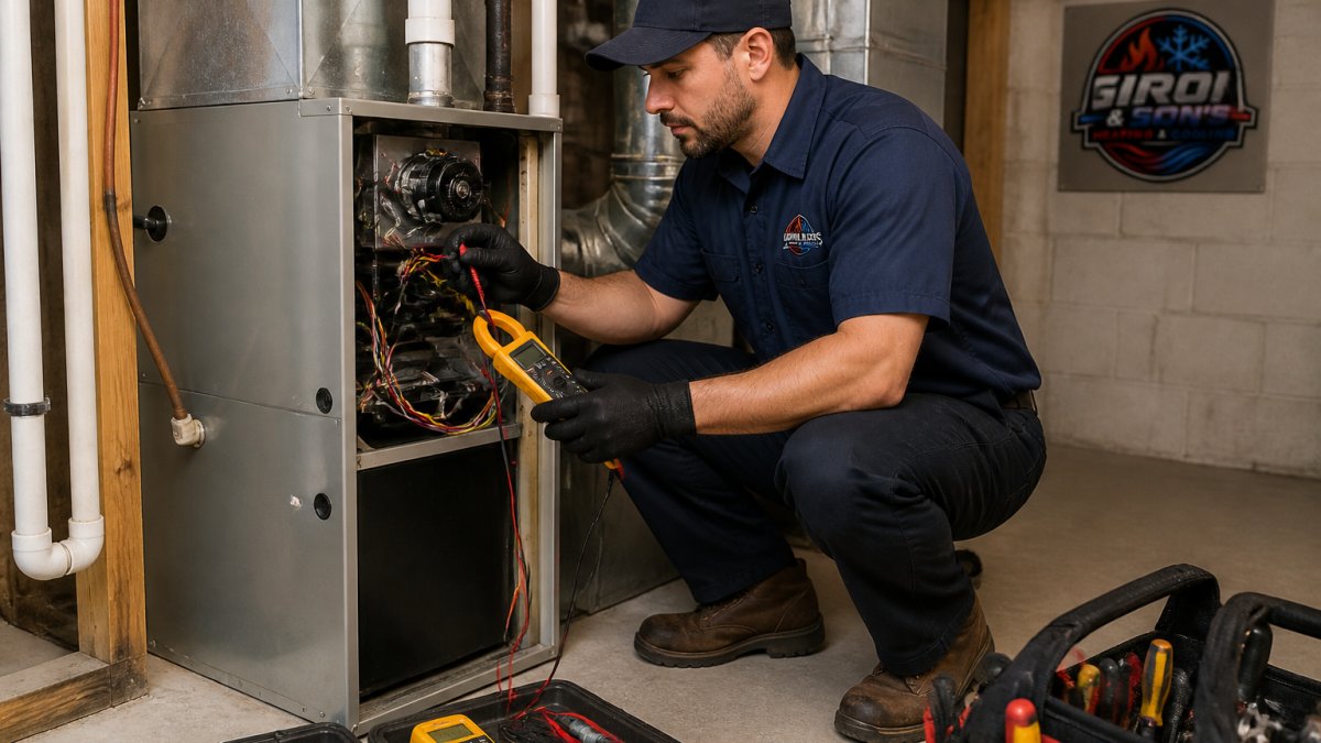 HVAC technician using diagnostic tools to inspect a failing HVAC system in a residential basement.
