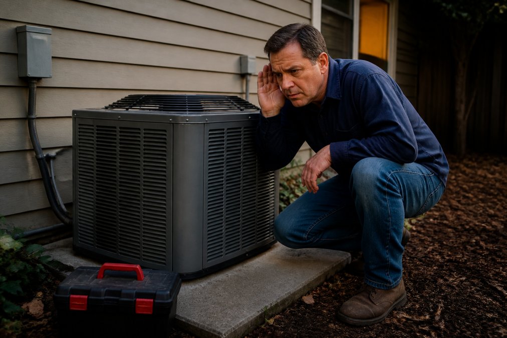A homeowner standing near an outdoor HVAC condenser unit at dusk, hand cupped to ear listening with a concerned expression, a toolbox resting on the concrete pad beside the unit