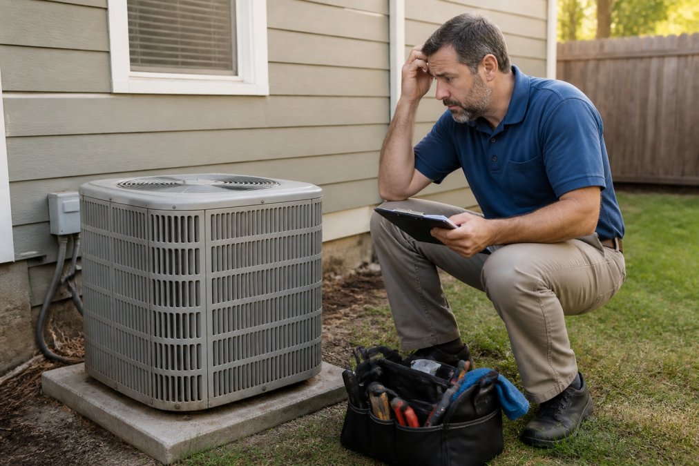 Homeowner checking an old outdoor AC unit for signs your hvac system needs replacement during an inspection