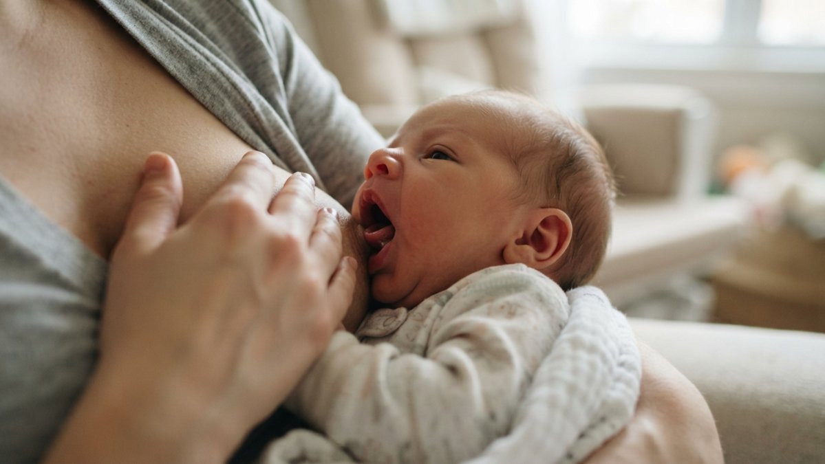 Close-up of infant's mouth during breastfeeding showing tongue position and latch mechanics, with parent's hand gently supporting baby's head from the side Close-up of infant's mouth during breastfeeding showing tongue position and latch mechanics, with parent's hand gently supporting baby's head from the side