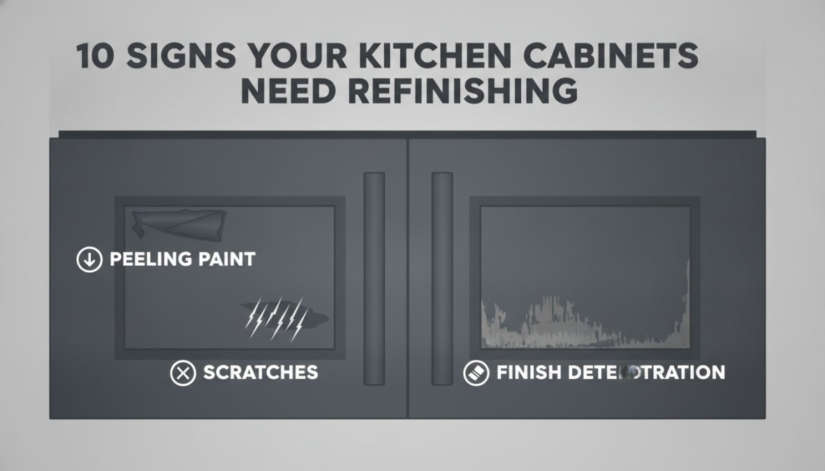 Close-up of kitchen cabinet door showing visible peeling paint, deep scratches, and faded finish deterioration on wood surface with uneven discoloration