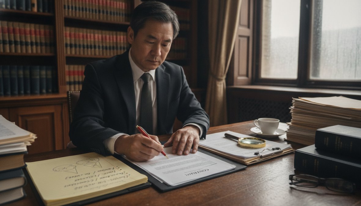 Professional attorney reviewing legal documents and making detailed notes at desk, showing careful documentation and case analysis