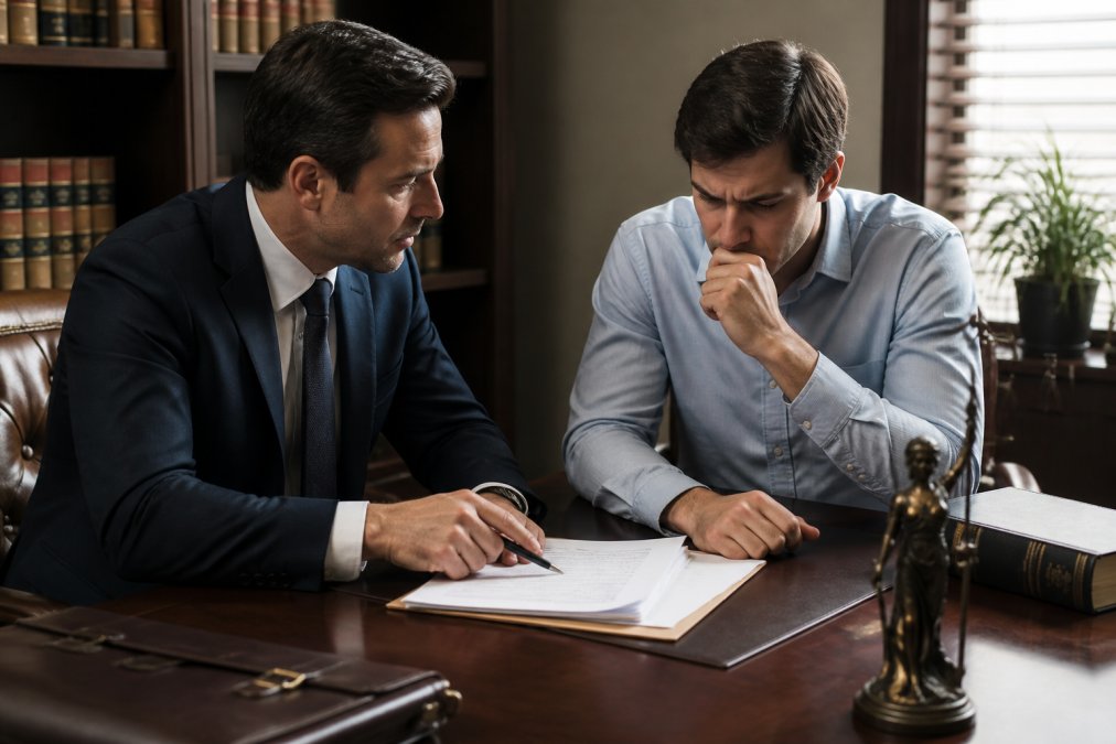 Defense attorney and client reviewing case documents as signs your lawyer is pushing a plea deal emerge