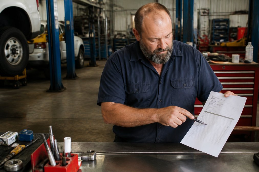 Professional mechanic holding and reviewing a detailed itemised invoice at the service counter, pointing to specific line items with a pen, workshop visible in background