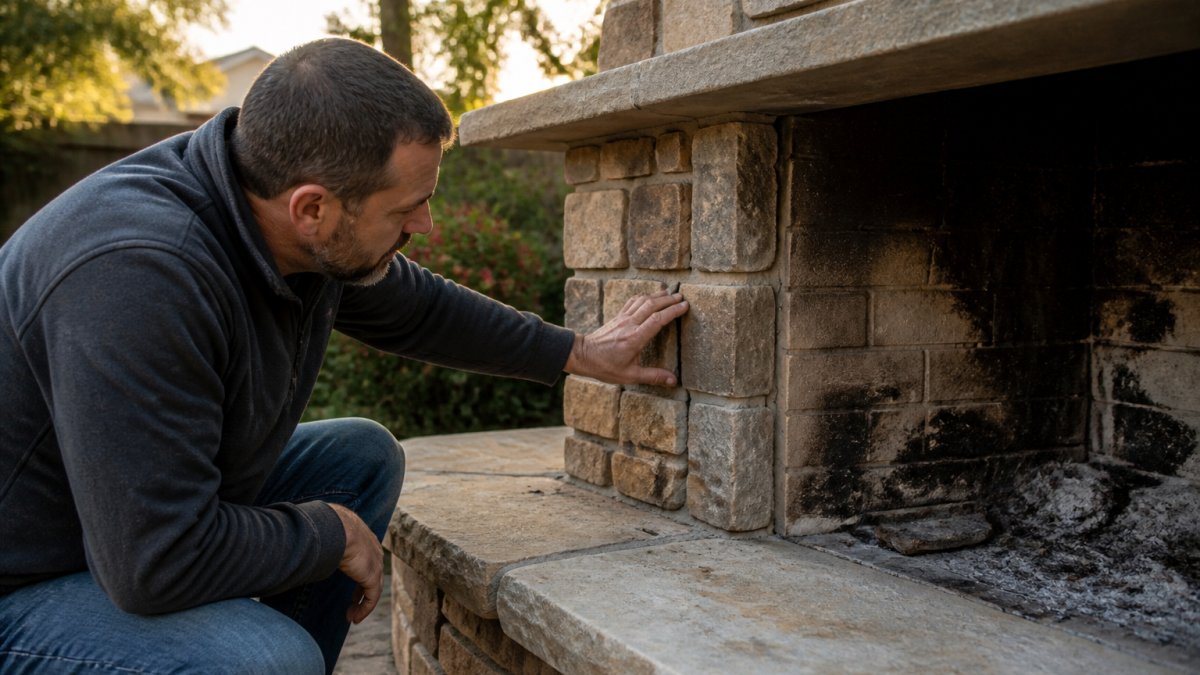 Homeowner kneeling beside an outdoor stone fireplace in a backyard, running a hand along a cracked mortar joint with soot visible on the firebox wall, late afternoon light