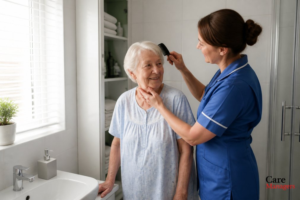 An older adult being assisted with personal care by a compassionate carer in a bright, comfortable bathroom setting, with gentle support and dignity