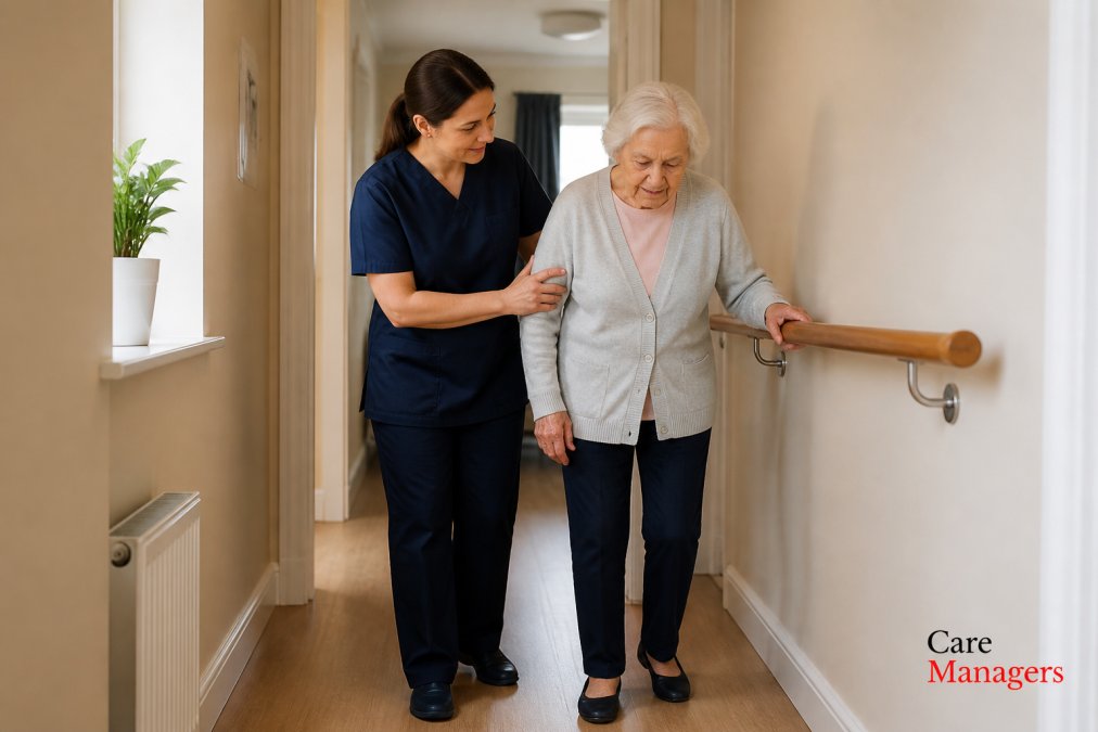 A carer providing steady support to an elderly person walking carefully through a well-lit, safely adapted home corridor with grab rails visible
