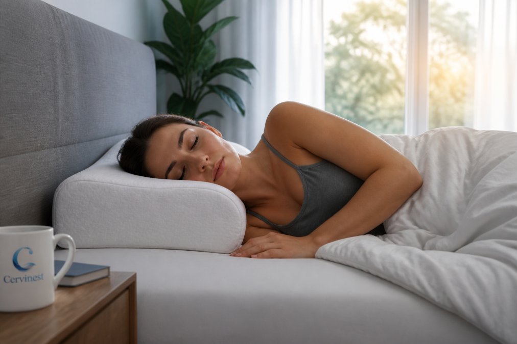 Person sleeping on their side with proper cervical spine alignment, head cradled in supportive pillow that fills the gap between neck and mattress, neutral neck position, soft morning light through bedroom window