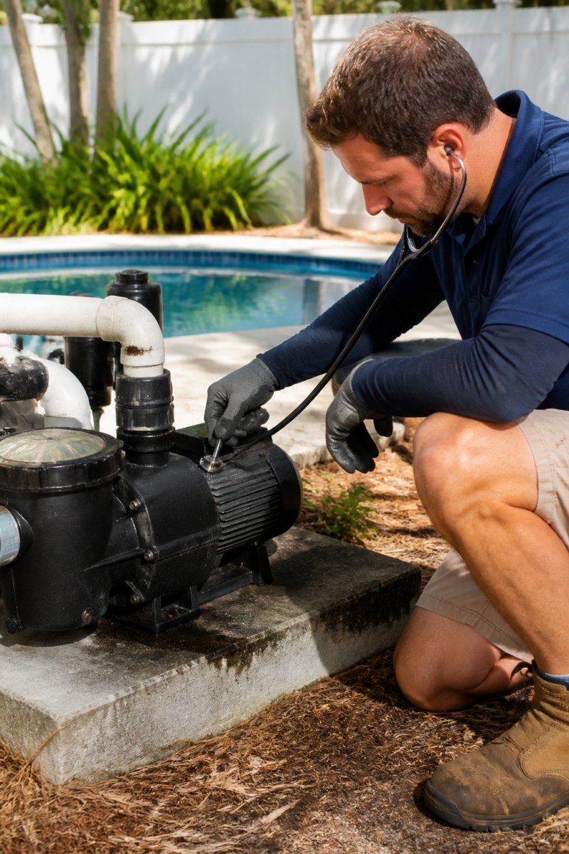Technician using a stethoscope to check for signs your pool pump needs repair by listening to the motor bearings.