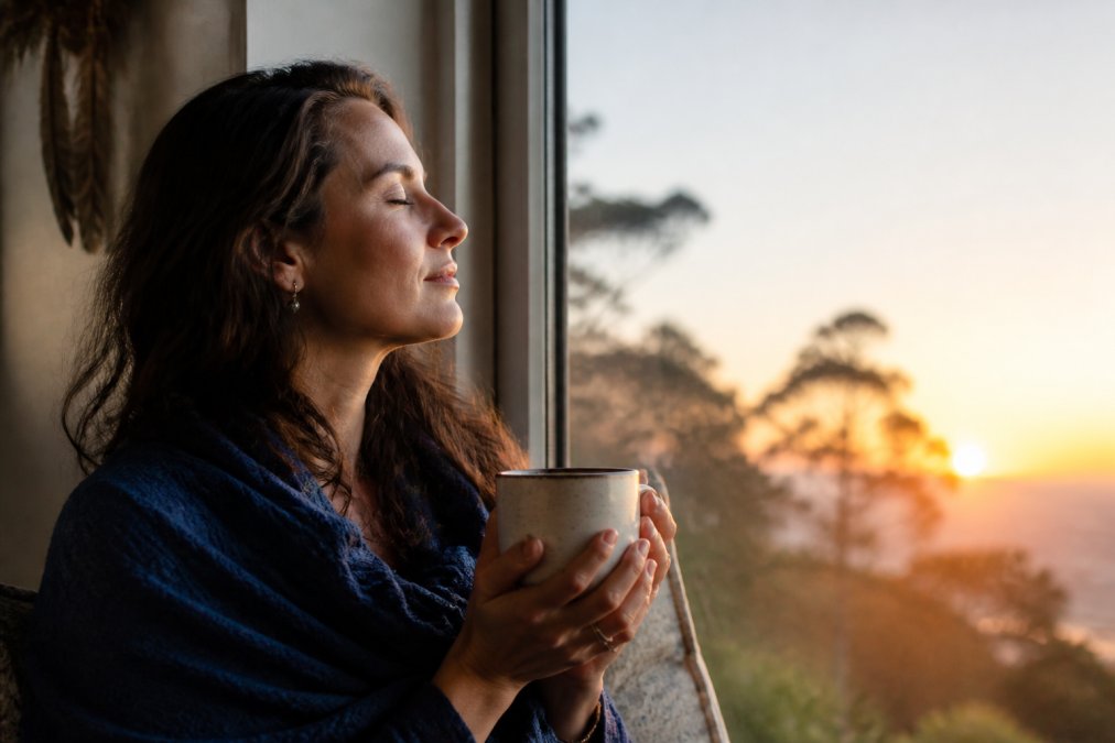 Signs Your Psychic Awareness and Intuition Are Strengthening 1 A woman sitting peacefully by a window at dawn, eyes closed with soft natural light on her face, holding a warm cup of tea