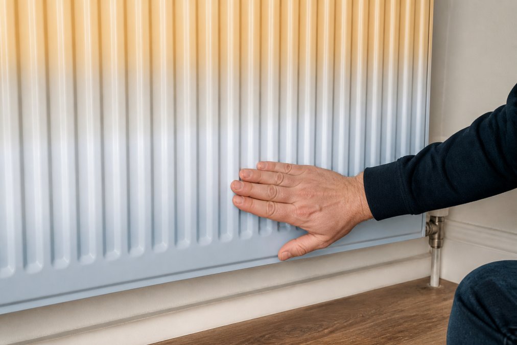 Close-up of a hand touching the bottom half of a radiator showing cold spots while the top section is warm, demonstrating uneven heat distribution in a domestic setting