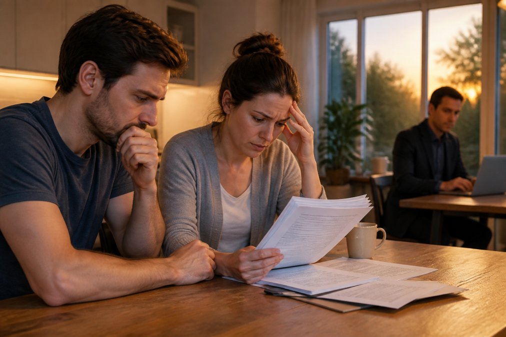 A couple at a kitchen table looking stressed while reviewing a thick purchase agreement document, an agent on a laptop in the background, warm evening light through the window