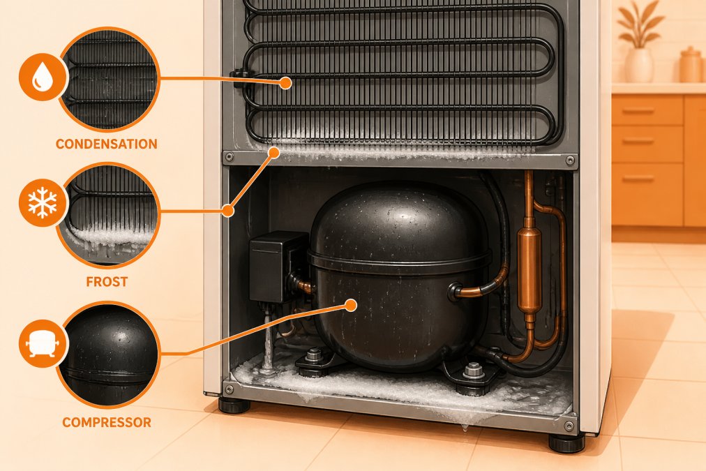 Close-up of the back of a refrigerator showing the compressor unit with visible condensation, frost buildup, and metal coils in a home kitchen setting