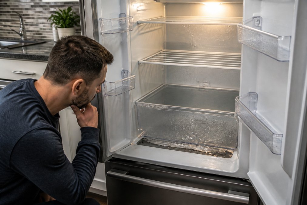 Homeowner examining the interior of a refrigerator with visible water pooling at the bottom, condensation on walls, and signs of malfunction in a residential kitchen