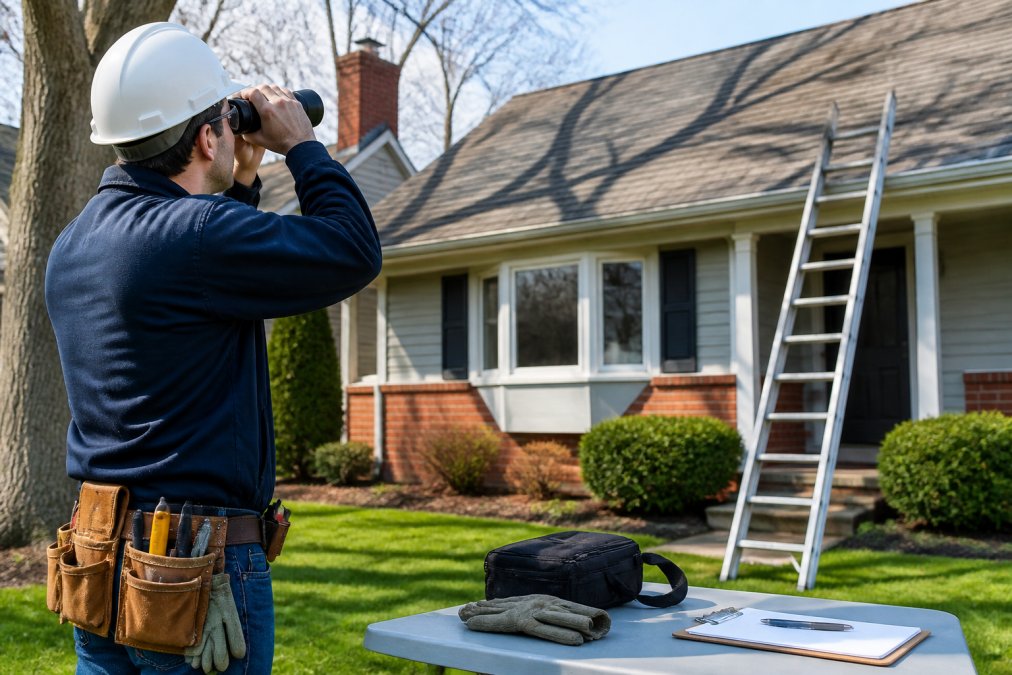 Homeowner safely inspecting roof from ground level using binoculars, wearing safety gear, with ladder and inspection tools visible nearby in the yard
