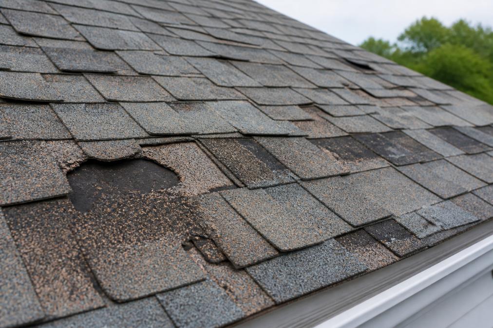 Infographic highlighting signs your roof needs replacement including curled, cupped, and missing asphalt shingles.