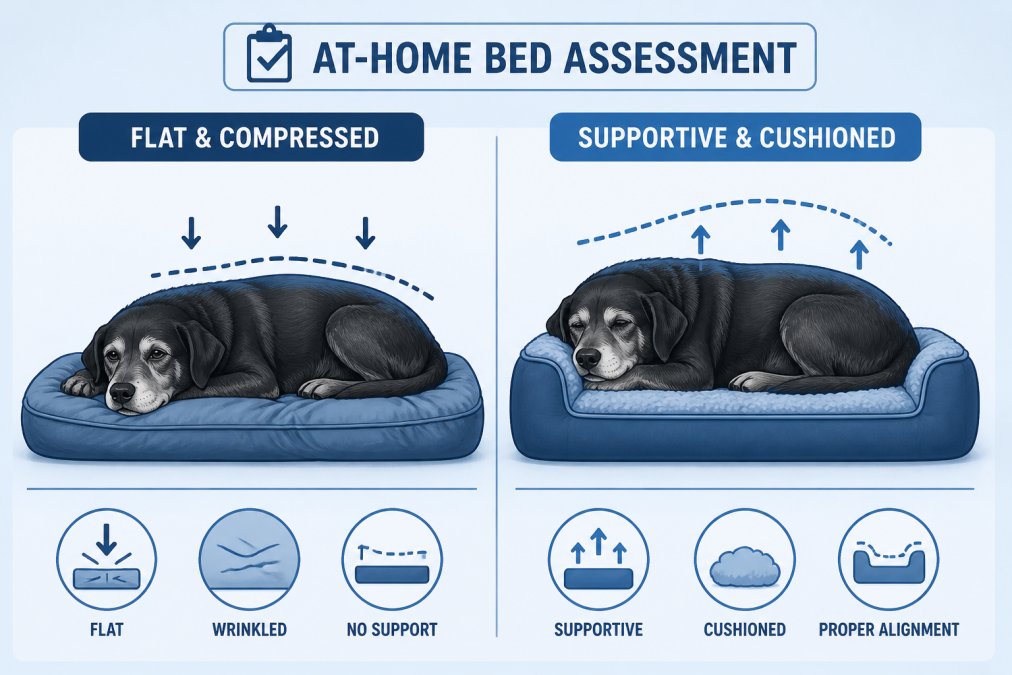 Diagram comparing a worn, flat dog bed with a supportive cushion to assess senior pet comfort needs.