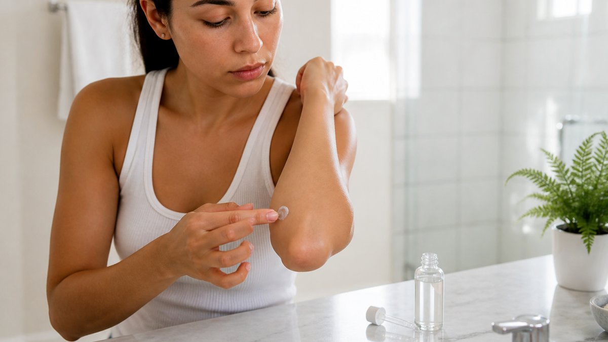 Close-up of a woman applying a small dot of serum to the inside of her elbow in a bright bathroom, with the product bottle visible on the counter beside her