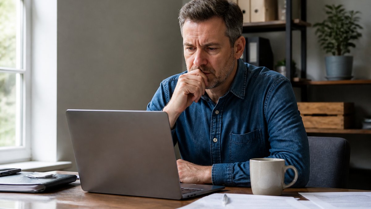 A small business owner looking concerned while reviewing team performance data on a laptop in a modest office setting, papers and a coffee mug on the desk, soft daylight from a side window