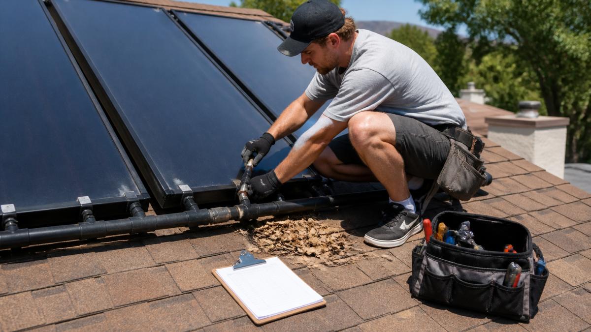 A homeowner on a sunny roof inspecting solar pool panels, checking pipe connections and clearing leaves, with a clipboard and small tool bag beside them