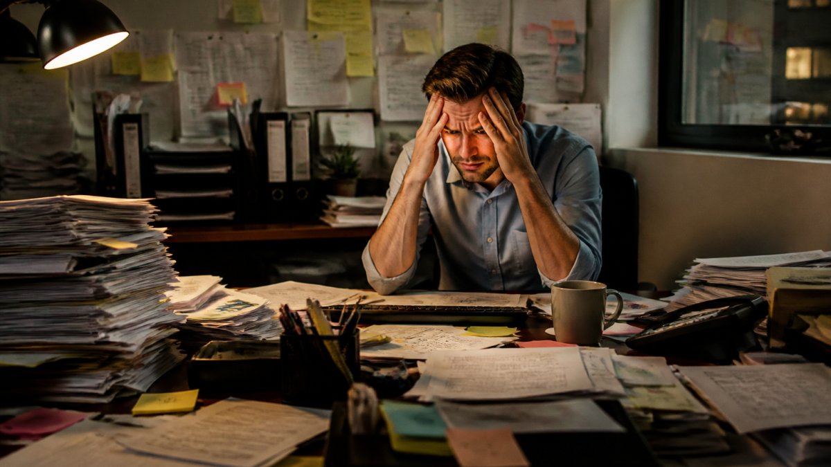 Founder sitting at desk surrounded by stacks of papers, multiple computer monitors displaying different tasks, sticky notes covering the desk and wall, looking stressed during peak work hours with dim office lighting