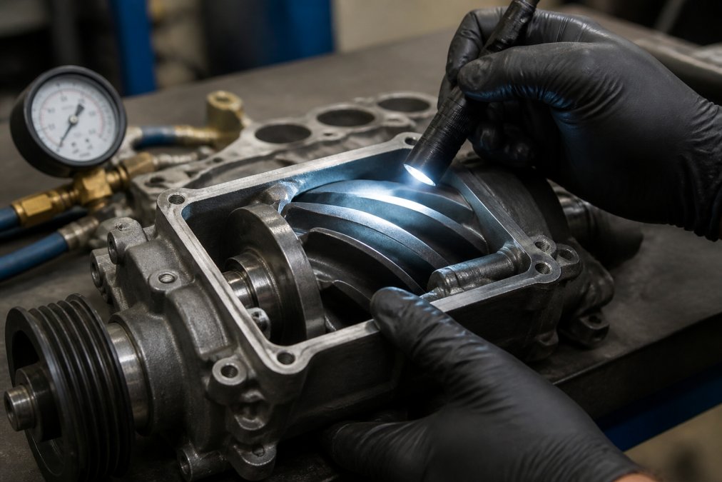 Mechanic inspecting supercharger rotors for signs your supercharger needs a rebuild with a flashlight and boost gauge.