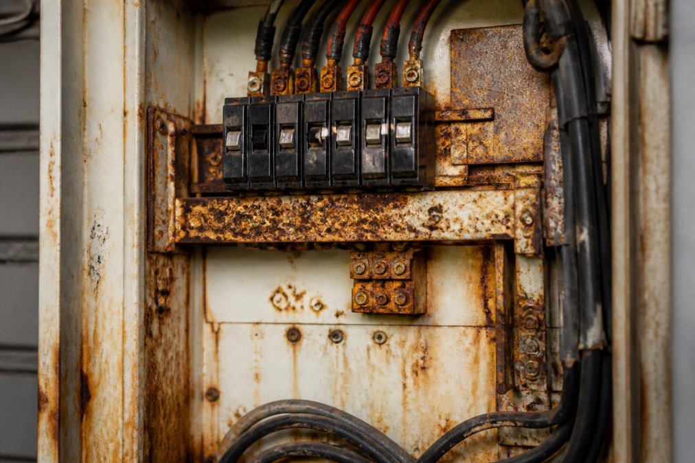 Close-up of an aged switchboard with visible rust stains, discolouration marks, and corrosion on metal components inside the electrical panel housing