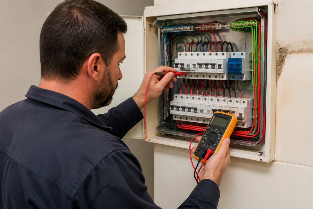 Qualified electrician performing detailed inspection of a residential switchboard with digital testing equipment and multimeter, checking connections and safety switches in proper lighting