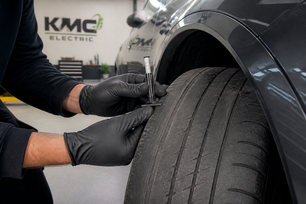 Mechanic using a tread depth gauge to inspect uneven tyre wear on a vehicle in a workshop environment