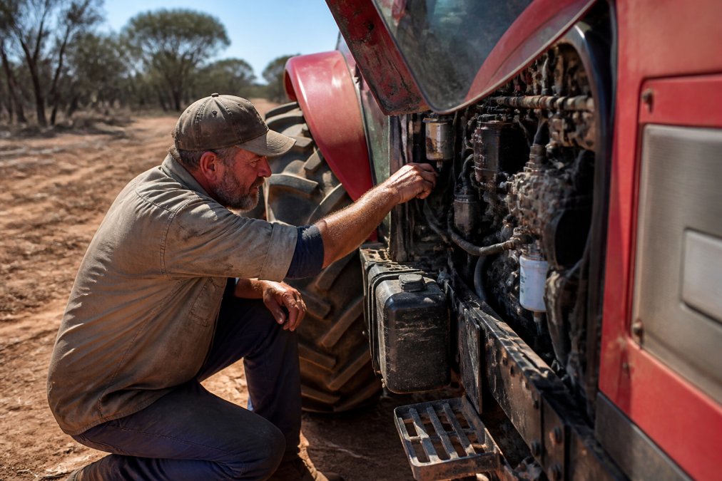A farmer in work clothes crouching beside an open tractor engine bay in a dry Mallee paddock, inspecting components with a focused expression under bright natural daylight