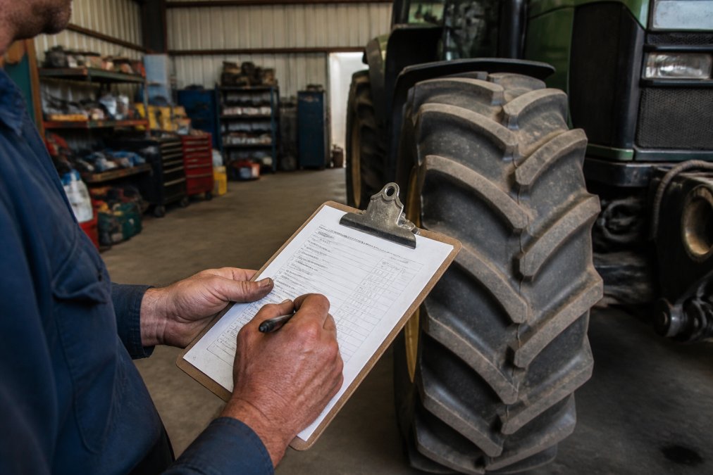 Close-up of a mechanic's hands holding a clipboard with a maintenance checklist beside a large tractor tyre in a rural workshop, with tools and shelving visible in the background