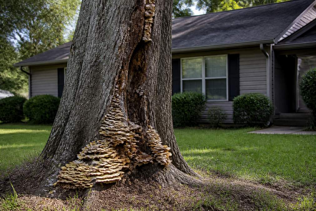 Close-up of a large residential shade tree with shelf-like fungal growth at the base and a partially hollow trunk, a single-story house visible in the background under afternoon light
