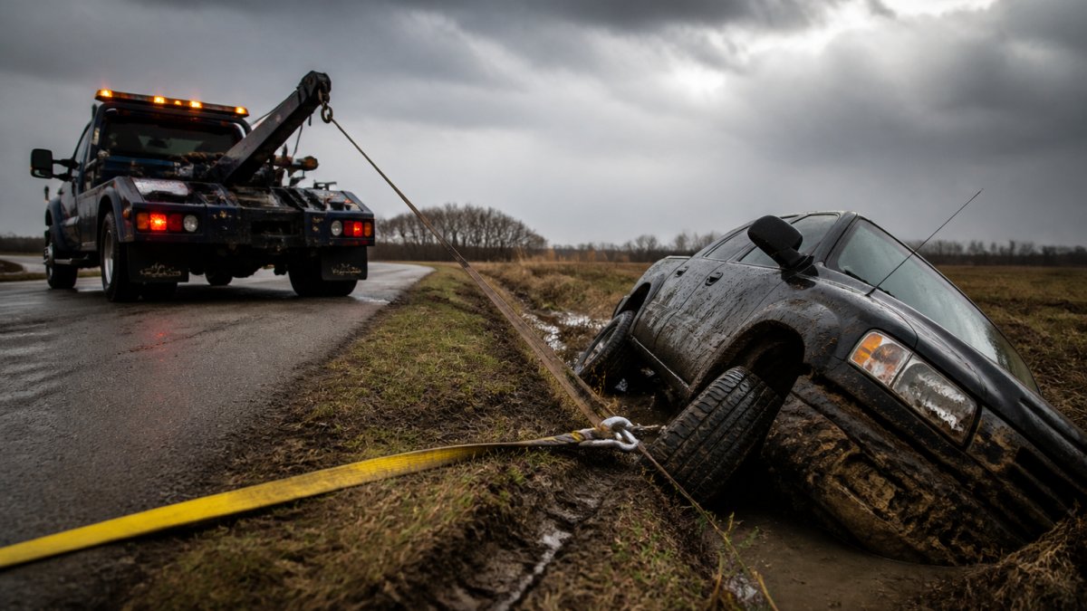 Professional tow truck positioned on roadside with recovery straps extended toward a vehicle tilted in a muddy ditch, showing the angle and extraction setup