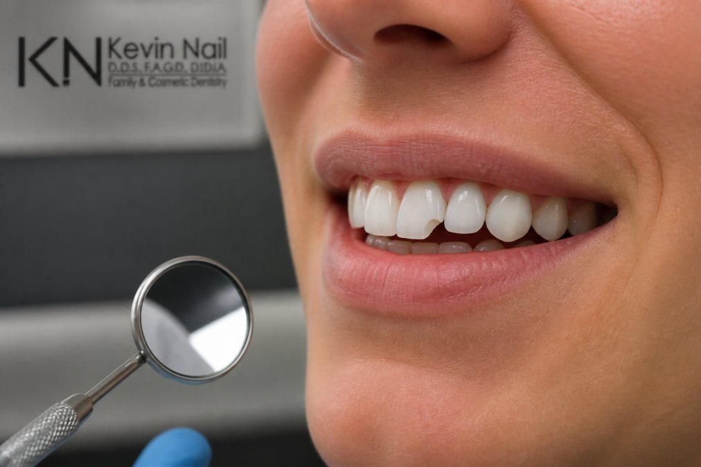 Close-up of a patient's smile showing a visible chip on the edge of a front tooth veneer, with natural clinical lighting highlighting the damage