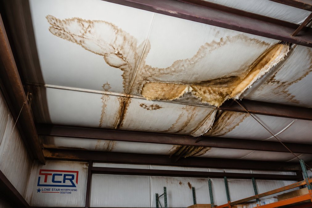 Close-up of warehouse interior ceiling showing visible water stains spreading across white drywall and discolored insulation material with moisture damage in natural daylight