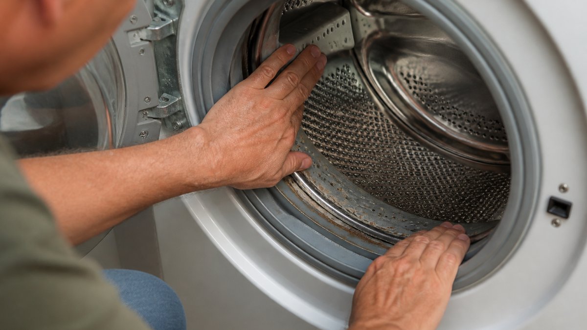 Close-up of a homeowner's hands inspecting the interior of an open washing machine drum, examining visible wear patterns and corrosion on the stainless steel surface under bright natural light