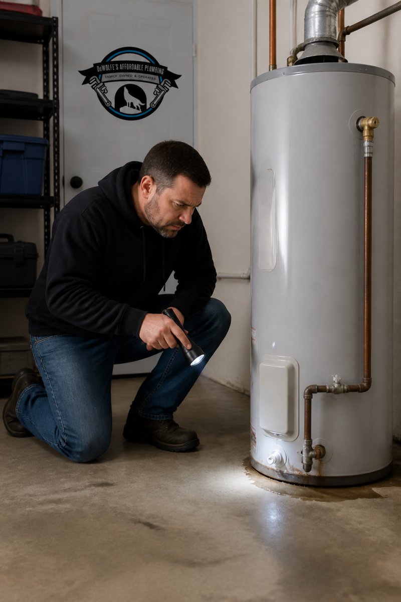 A homeowner kneeling beside a residential water heater in a garage, shining a flashlight on the tank base and pipe connections, looking concerned