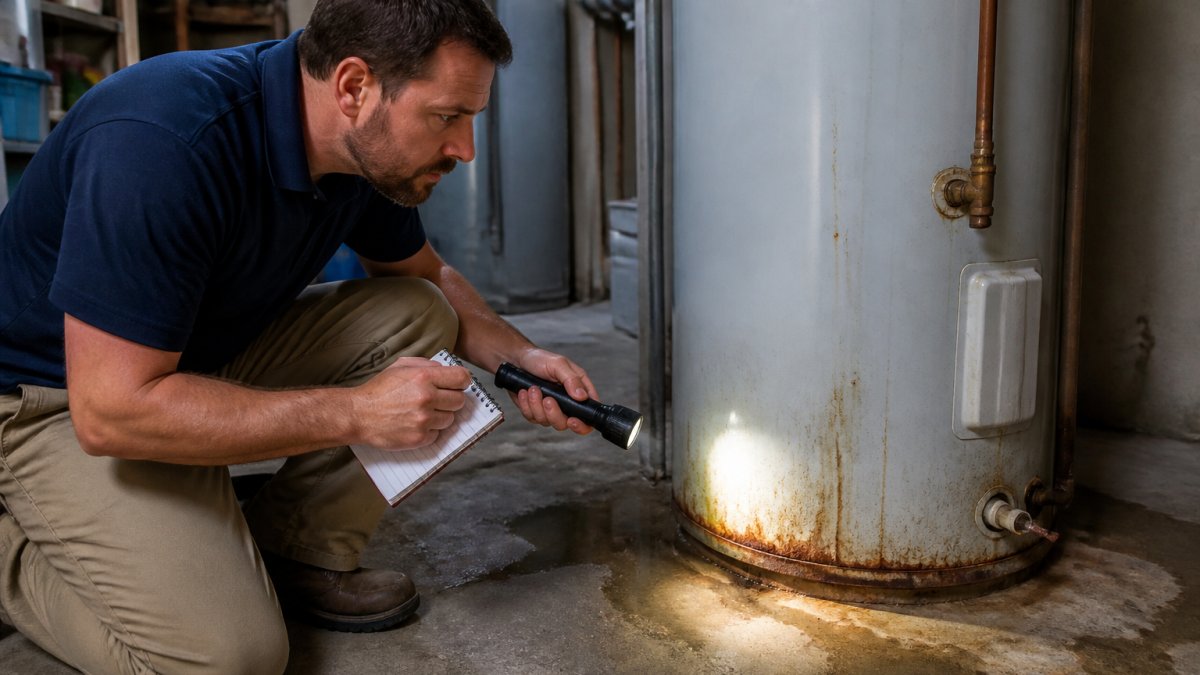 Homeowner inspecting rust streaks on a tank to identify signs your water heater is failing