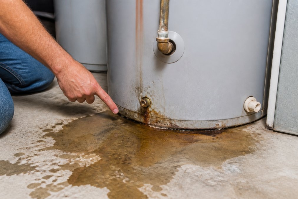 A rusty water puddle leaking from a tank, one of the primary signs your water heater is failing.