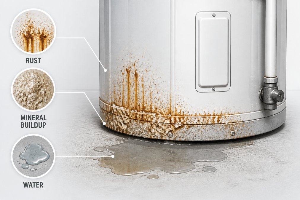 Close-up of a corroded residential water heater tank showing rust stains and mineral scale buildup around the base, with a small puddle of water on the concrete floor beneath it