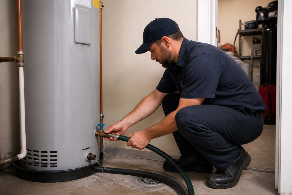 A licensed plumber in uniform crouching beside a water heater, attaching a hose to the drain valve to flush sediment from the tank in a residential utility room with overhead fluorescent lighting