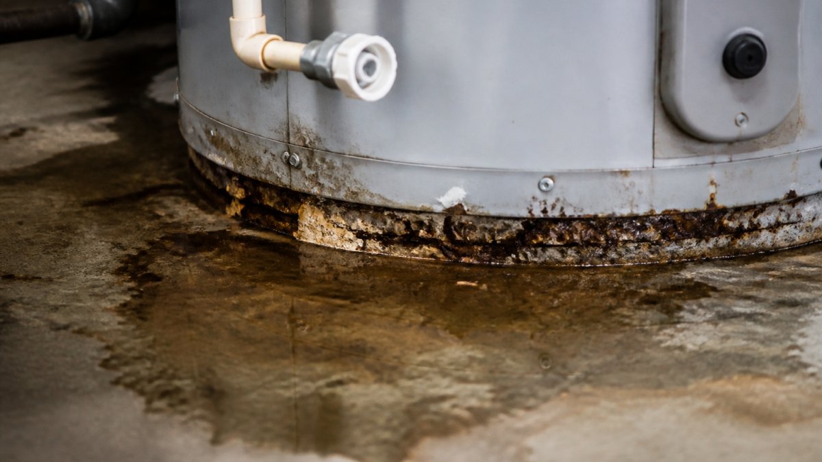 Close-up view of water pooling and corrosion around the base of a residential water heater tank in a utility room