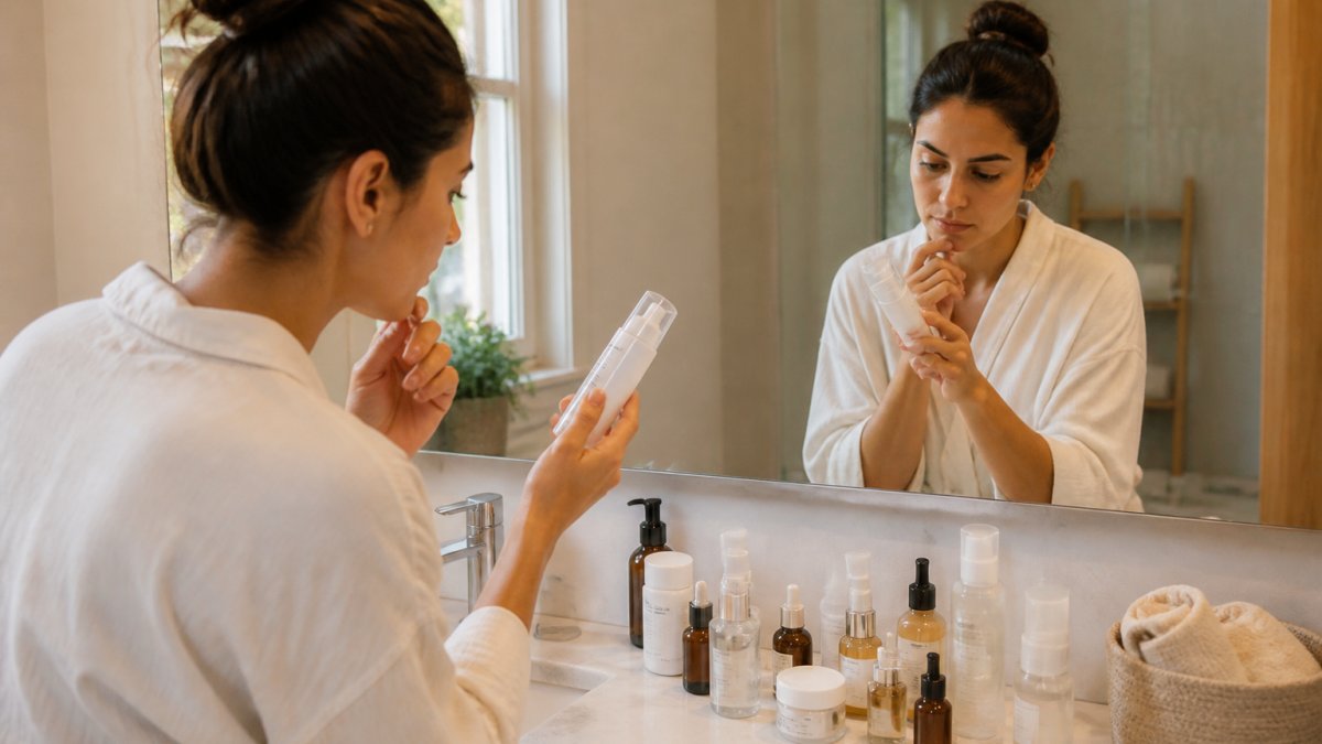 Woman standing in front of bathroom mirror, carefully examining skincare bottles on the counter, holding one product while deciding which items to remove during a skincare routine reset, natural morning light