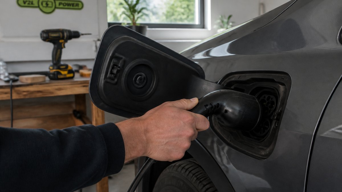 V2L-adapter tilsluttes elbilens ladestik med boremaskine på arbejdsbord i baggrunden
