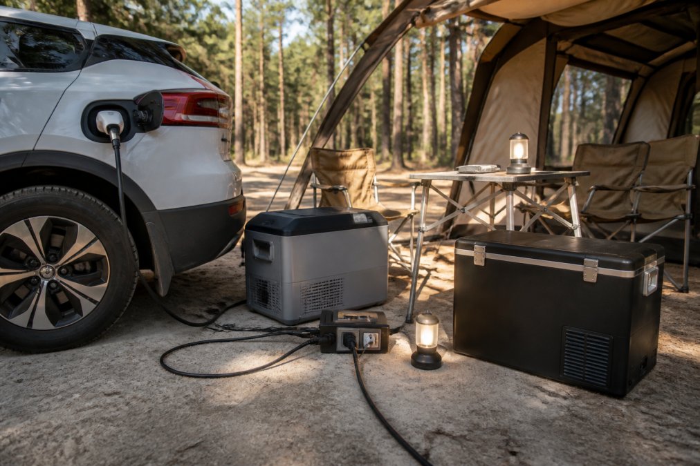 Kamperska scena s električnim automobilom parkiranim na kampu, gdje V2L adapter napaja kamperski hladnjak, LED svjetla i mali zamrzivač, s prirodnim dnevnim svjetlom.