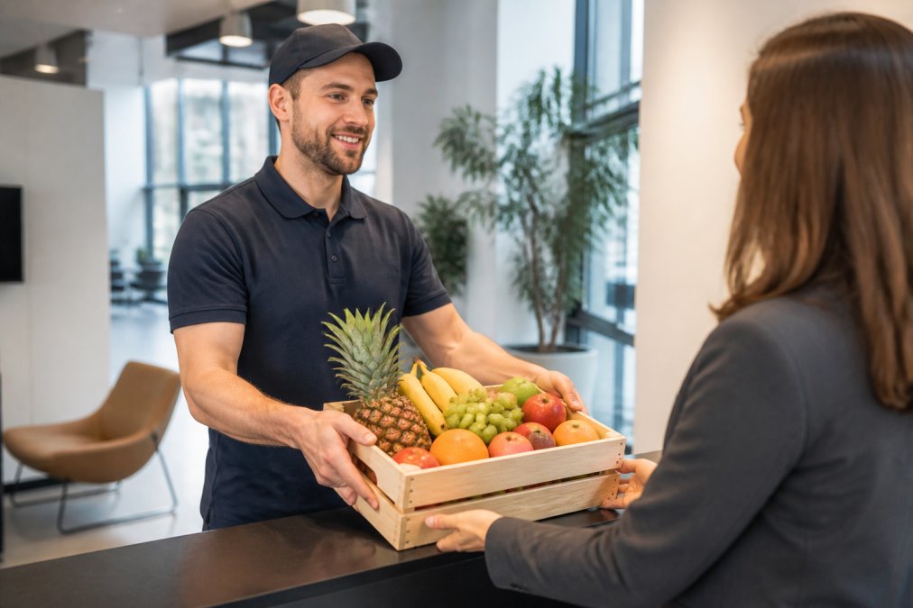 En leveringsmand i en branded polo-trøje sætter forsigtigt en trækasse med farverig frisk frugt på en receptionsdisk i et lyst, moderne kontor