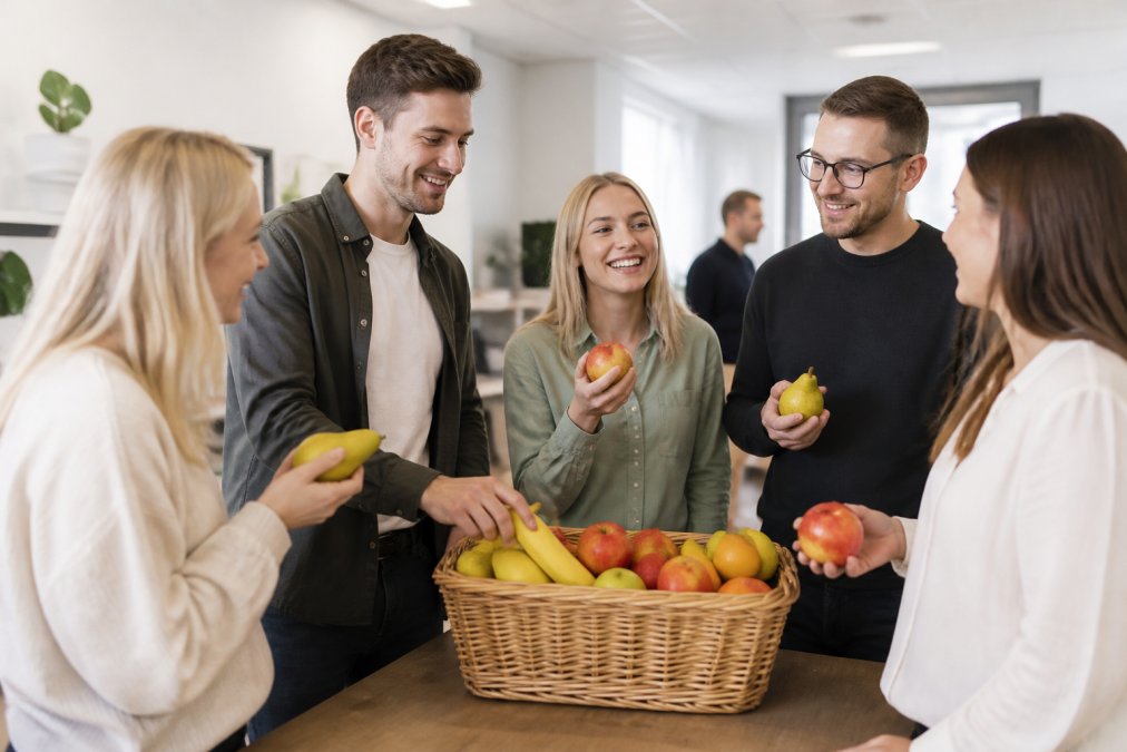 Kontorkolleger samlet om en frugtkurv i et lyst pauserum, smilende og vælgende frugt under en kort pause