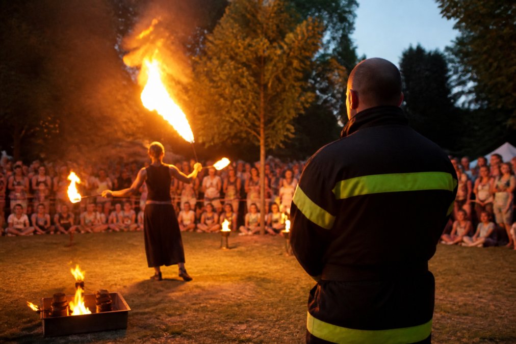 Professionel brandvagt overvåger et åbent ildshow ved et eventarrangement, med fokus på tilskuere i baggrunden og sikker afstand til ilden