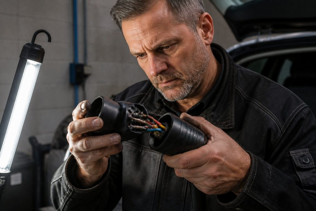 Ein professioneller Handwerker prüft die V2L-Adaptersteckerbaugruppe unter hellem Arbeitslicht aus nächster Nähe und kontrolliert die Kabel auf Verschleiß- oder Beschädigungsspuren.